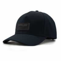 (RH) Ridge Hat | Storm - Rounded Rectangle three-quarter view of a 5 panel, water resistant, floatable hat with a PVC patch. the patch is the brand name Wyldr contained in a rounded rectangle. the hat is black.