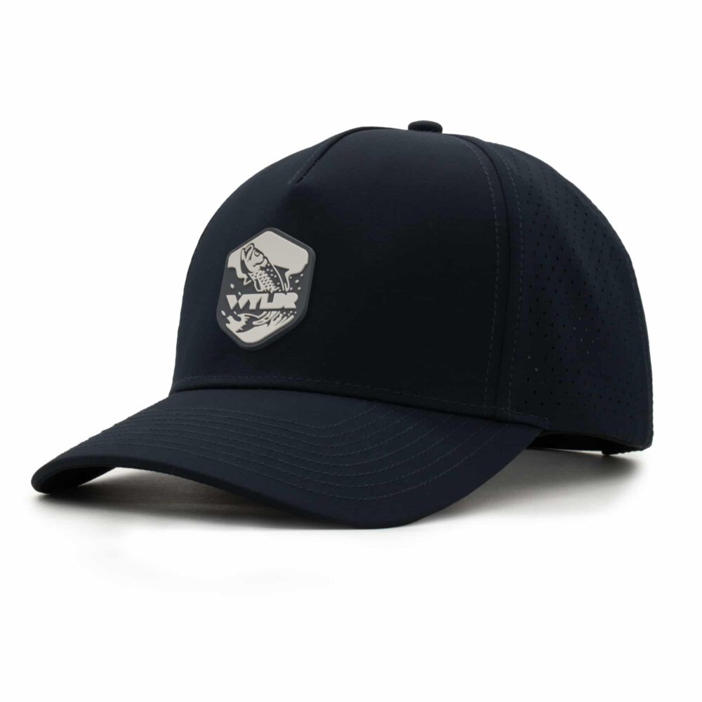 three-quarter view of a 5 panel, water resistant, floatable hat with a PVC patch. the patch is of a tarpon splashing out of the water and has the brand name Wyldr over it. the hat is black.