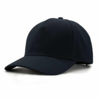 three-quarter view of a 5 panel, water resistant, floatable hat that is black in color.