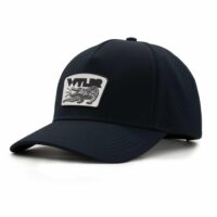 three-quarter view of a 5 panel, water resistant, floatable hat with a PVC patch. the patch is a gator catching a golf ball in its mouth and features the brand name, Wyldr. the hat is black.