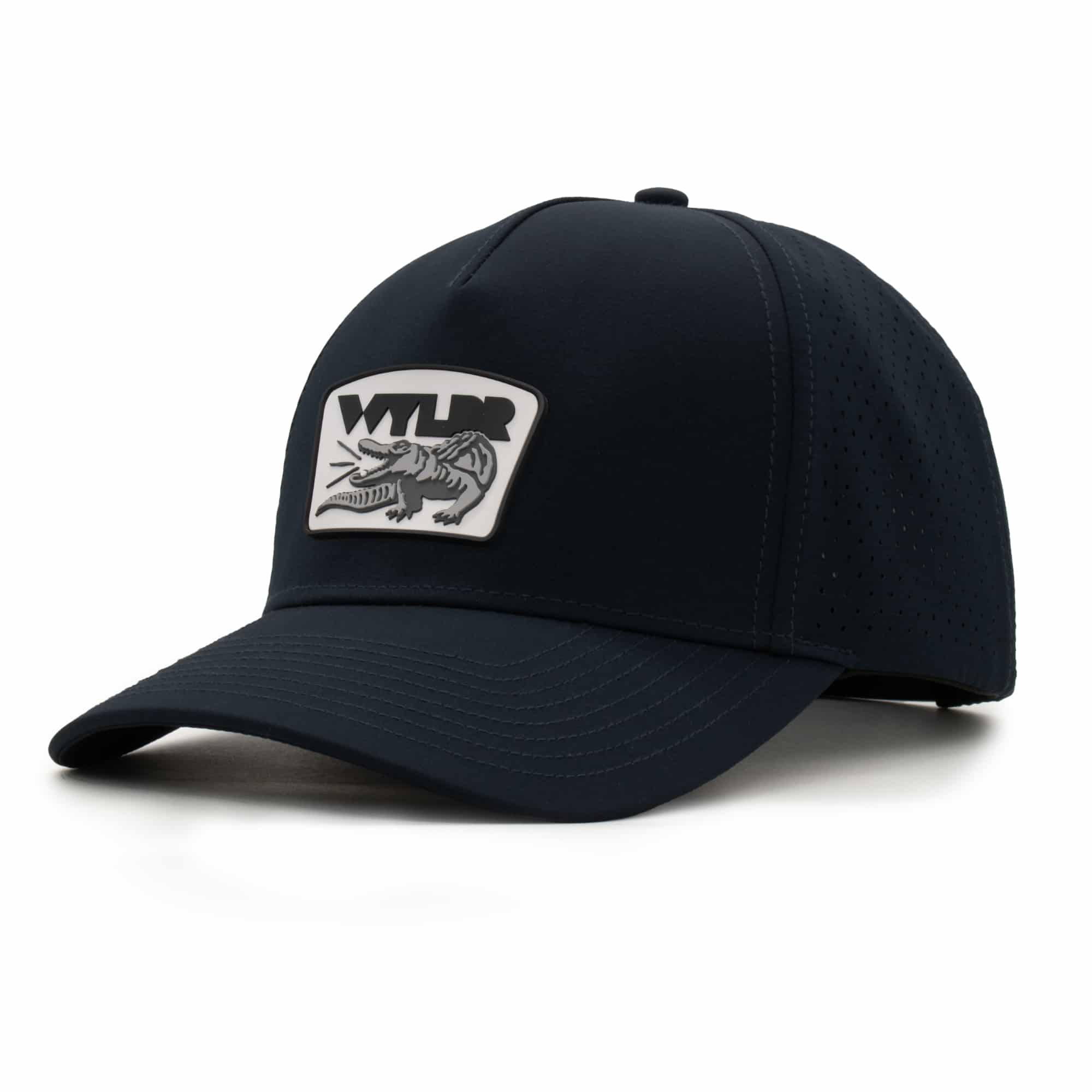 three-quarter view of a 5 panel, water resistant, floatable hat with a PVC patch. the patch is a gator catching a golf ball in its mouth and features the brand name, Wyldr. the hat is black.