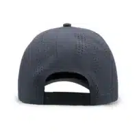 back view of a 5 panel, water resistant, floatable hat. the back panel is fabric with small holes for sweat evaporation while still reducing sun exposure. the hat is dark gray-blue in color