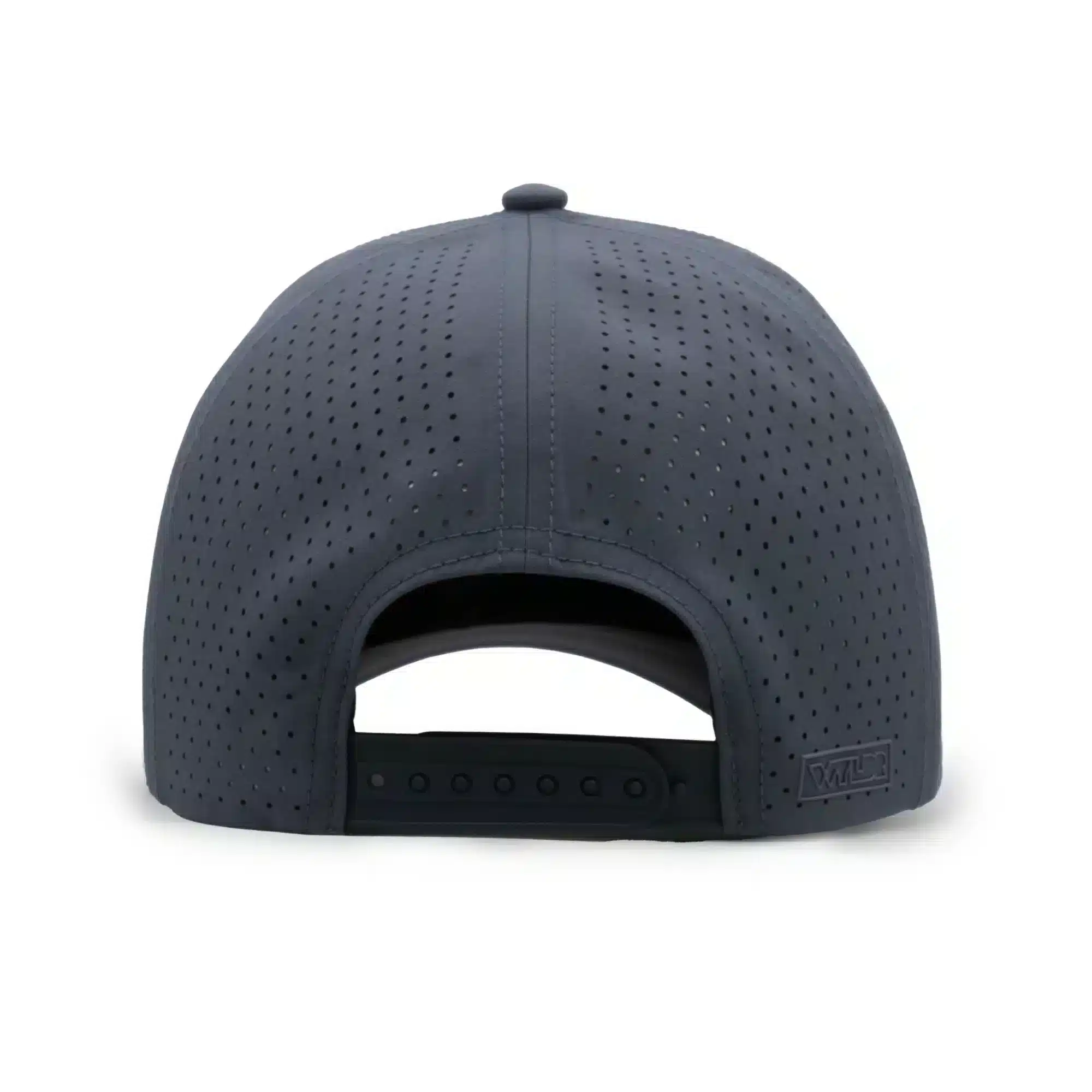 back view of a 5 panel, water resistant, floatable hat. the back panel is fabric with small holes for sweat evaporation while still reducing sun exposure. the hat is dark gray-blue in color