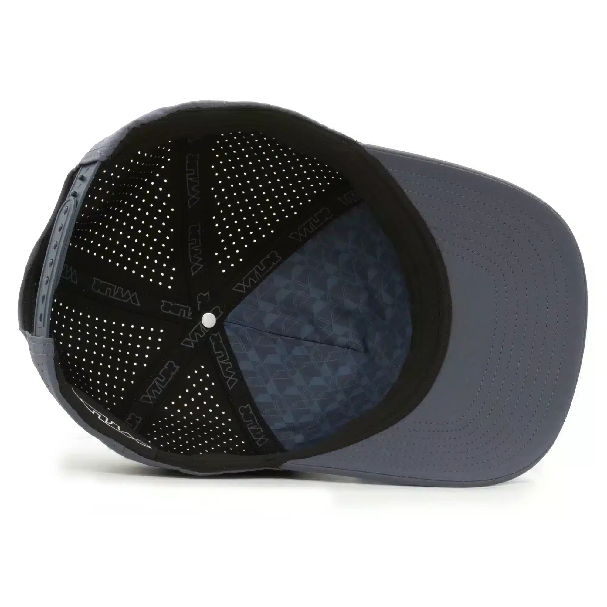 interior view of a water resistant, floatable hat in dark gray-blue color. the lining has the name brand, Wyldr, and there is a two panel fabric lining in a patterned "w" logo