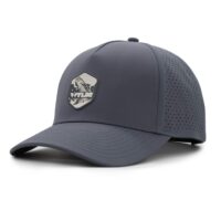 three-quarter view of a 5 panel, water resistant, floatable hat with a PVC patch. the patch is of a tarpon splashing out of the water and has the brand name Wyldr over it. the hat is dark blue-gray color.