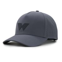 (RH) Ridge Hat | Thunder - W three-quarter view of a 5 panel, water resistant, floatable hat with a PVC patch. the patch is of the letter W from the brand name Wyldr. the hat is la dark blue-gray color. the patch matches the hat color.